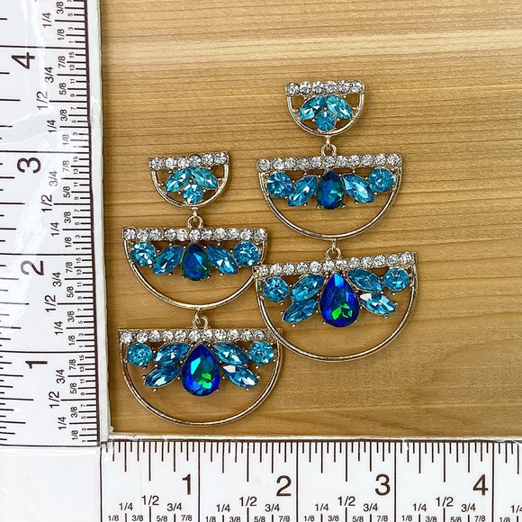 Turquoise Blue Fun Funky Crystal Standout Chandelier Earrings - Picture 5 of 5